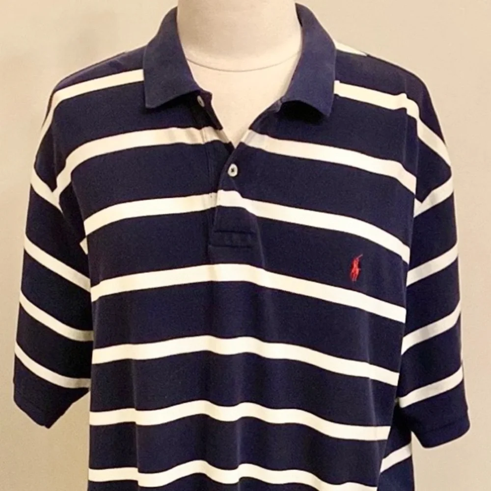 Polo by Ralph Lauren Navy Blue White Striped XXL Coastal Americana Preppy Shirt